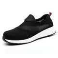 Men's lightweight steel toe work shoes in black, blue, and red with mesh upper and low-top design