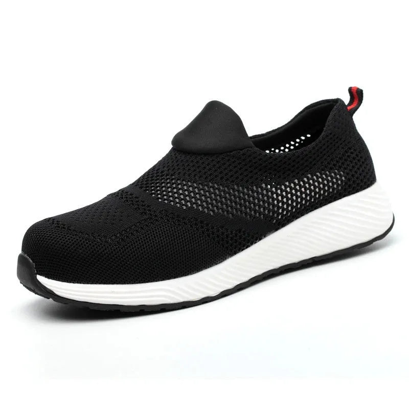 Men's lightweight steel toe work shoes in black, blue, and red with mesh upper and low-top design