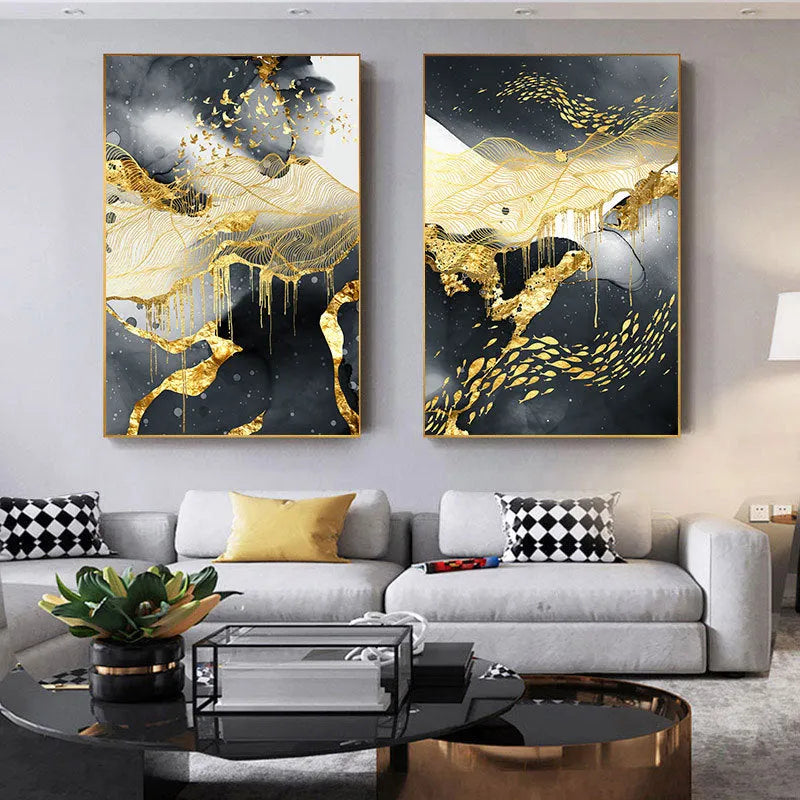 Frameless golden black and white oil on canvas wall art poster spray painting finish