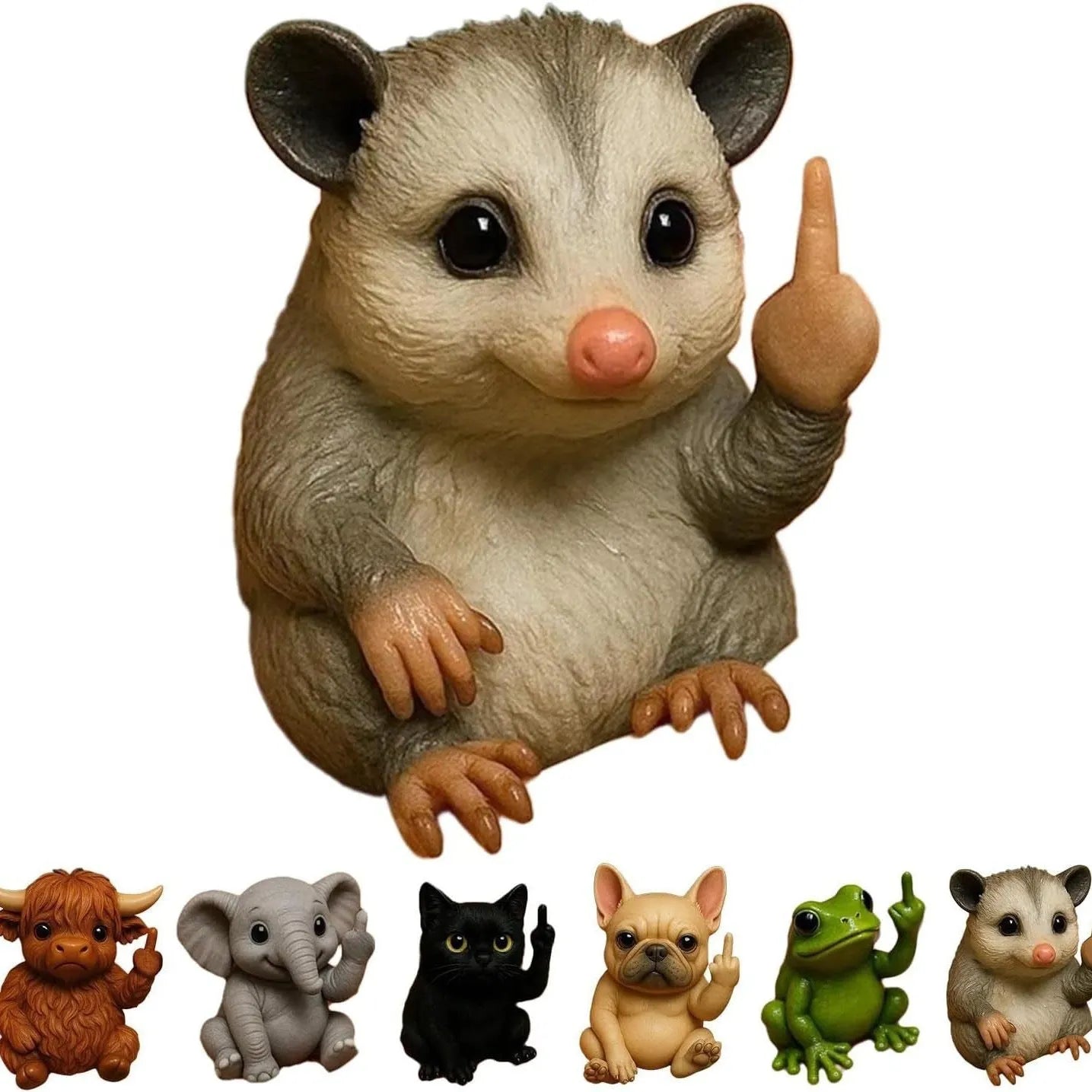 Resin animal middle finger doll ornament in chosen animal style such as cat, dog, or elephant.