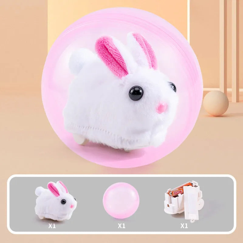 Hamster rolling ball toy with clear plastic sphere and soft plush interior in beige hamster design