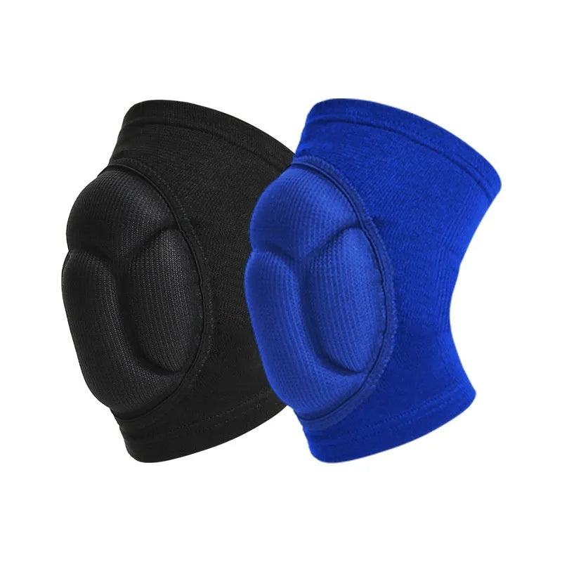 Pair of black thick sponge knee pads for sports protection on a neutral background