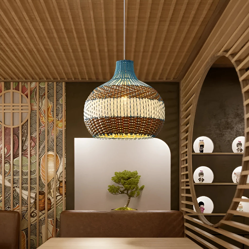 Woven rattan pendant ceiling lamp with a natural shade, shown in a pastoral-style room.
