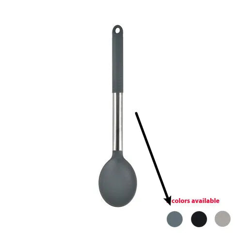 12-piece silicone kitchen utensil set in rotating storage bucket, including spatula, spoon, ladel, and egg beater on kitchen counter.