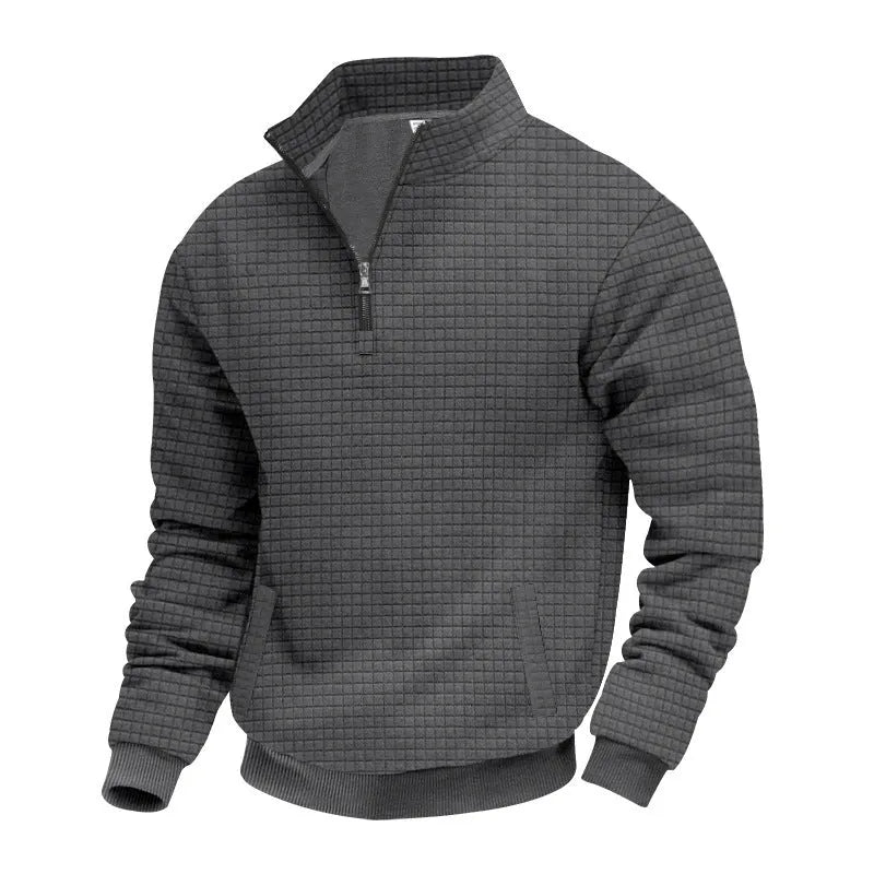 Men's grey stand-up collar long sleeve jacquard small check sweatshirt with side seam pockets