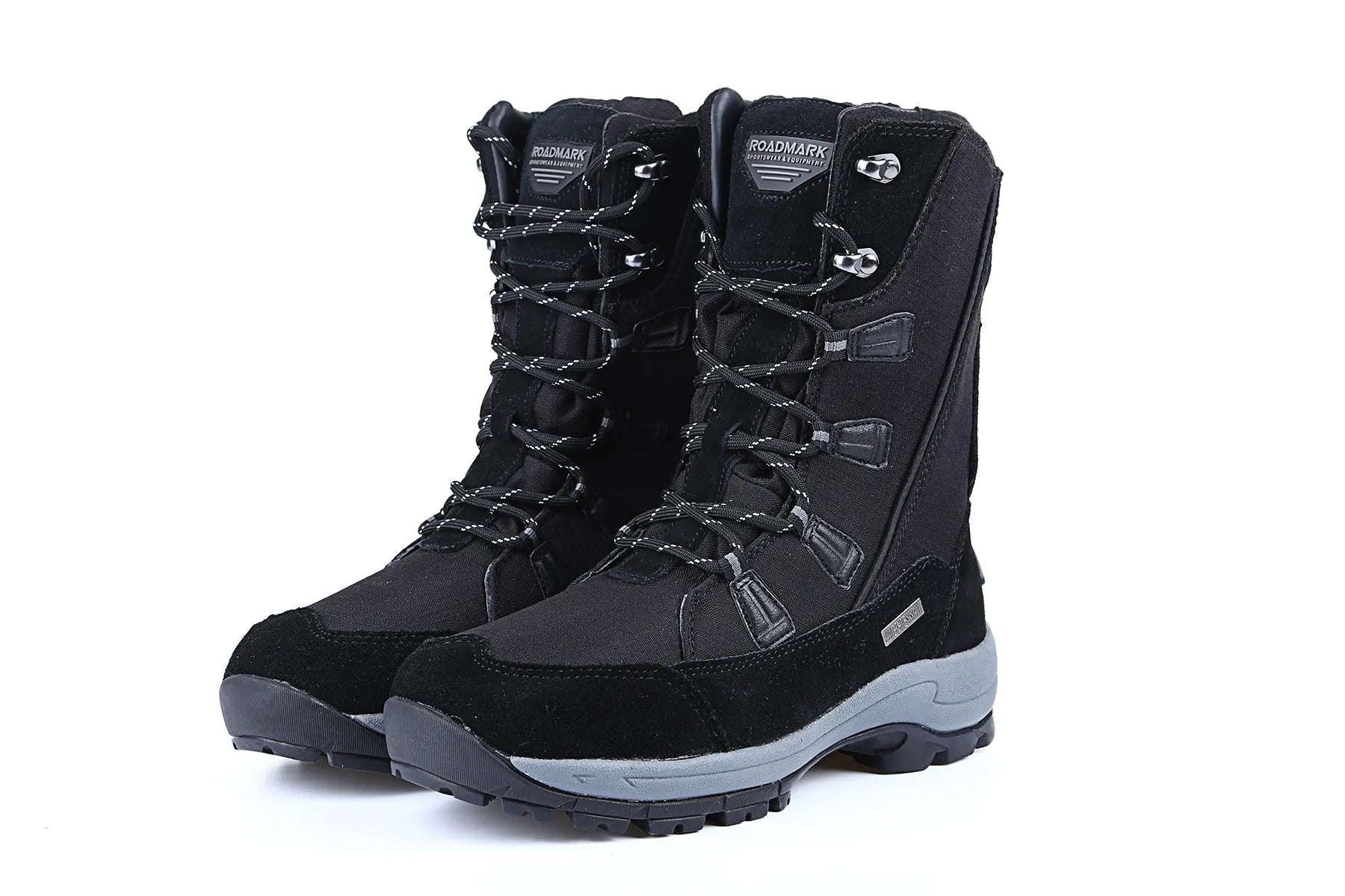 Women's black genuine leather mid-calf snow boots with round toe and thermal lining on a white background.