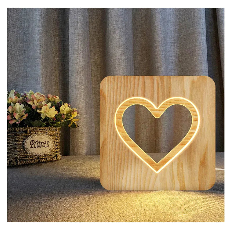 Solid wood hollow night lamp with warm white LED light and USB power cable