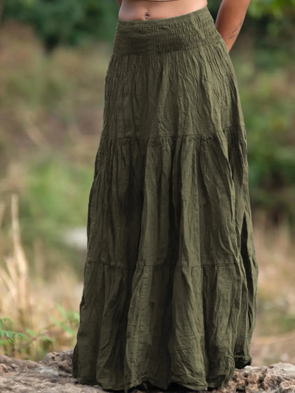 Women's beige waist smocking mid-length retro skirt with folding details