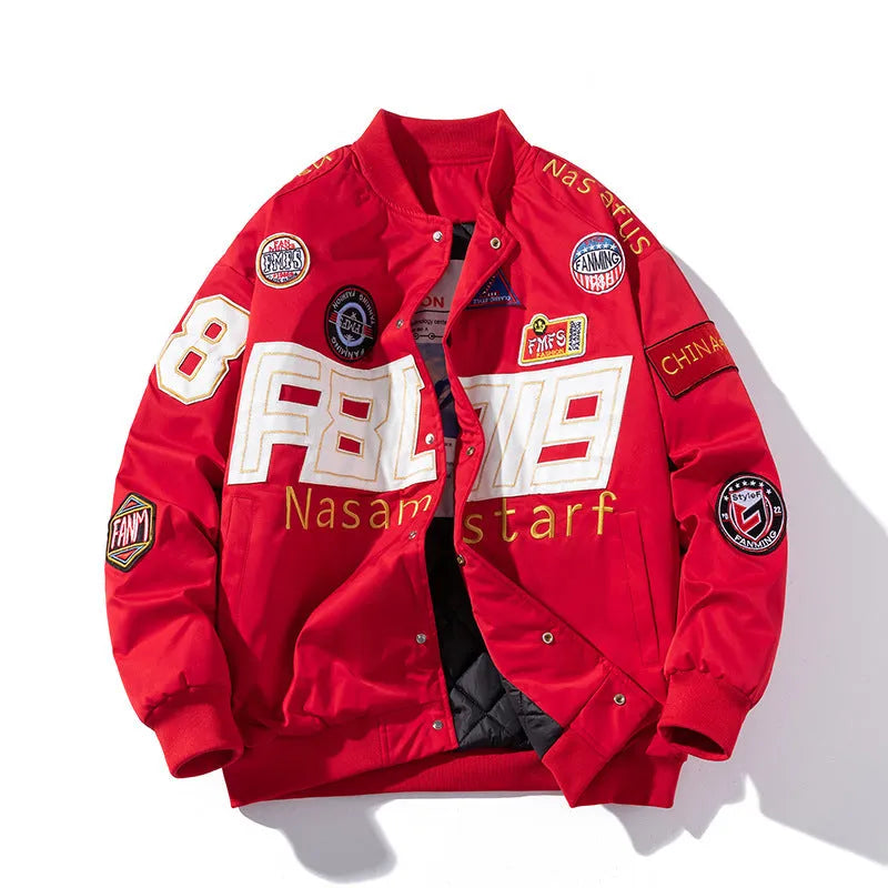 Black American Motorcycle Baseball Uniform jacket with removable hood, shown on a model.