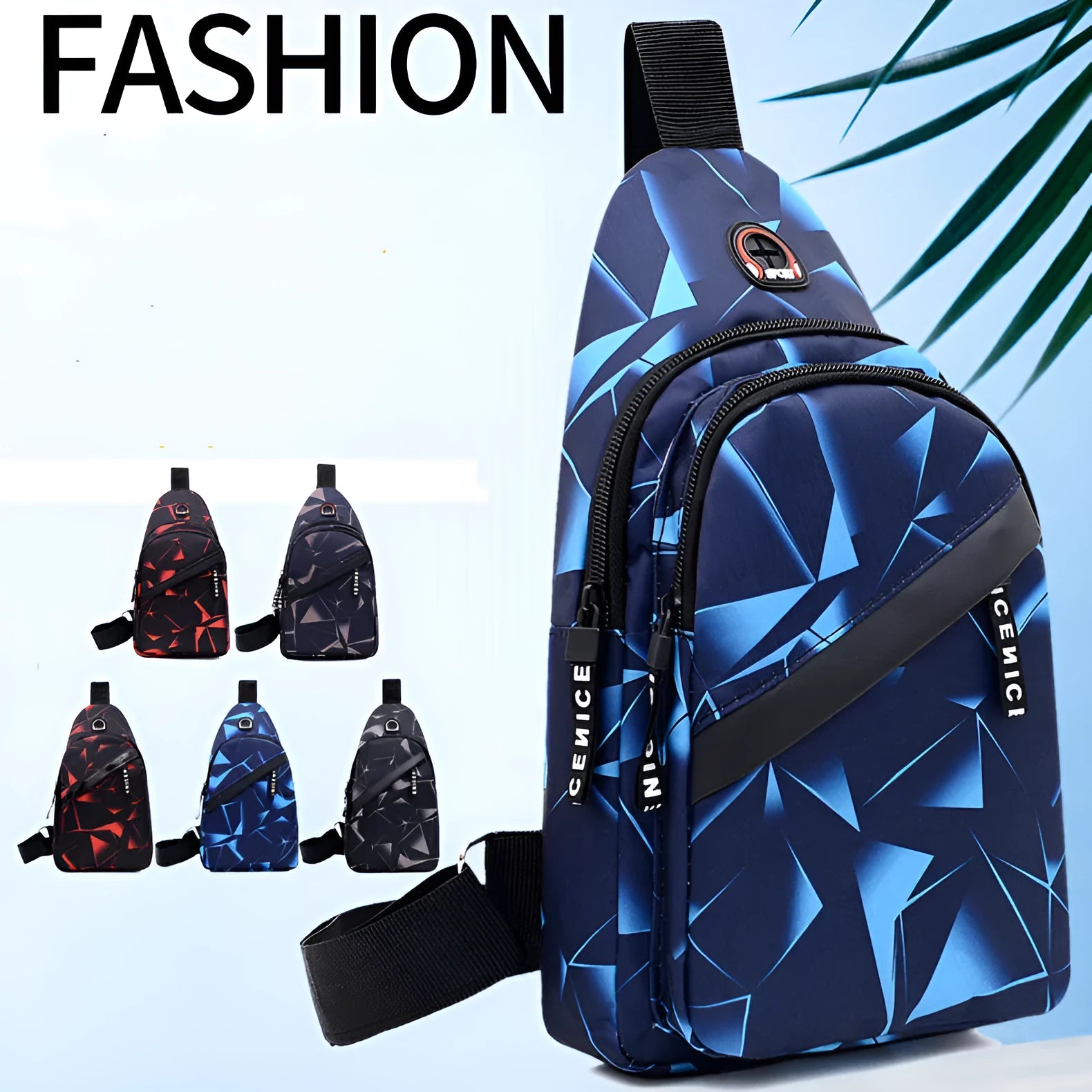 Men's blue crossbody sling bag with an earphone hole and zipper pocket.