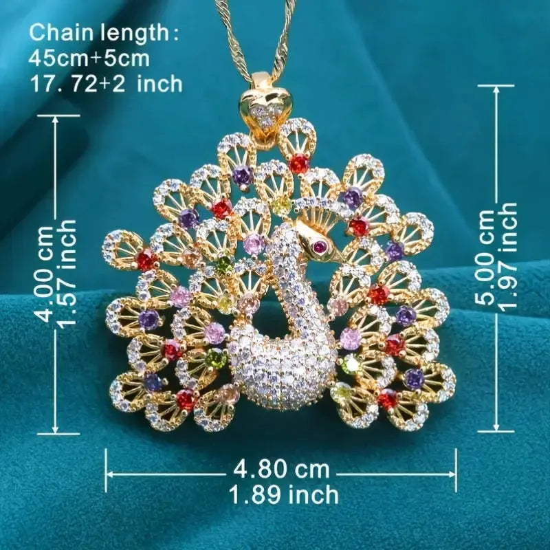 Peacock design pendant necklace with colourful micro inlaid zircon and real gold plating over copper