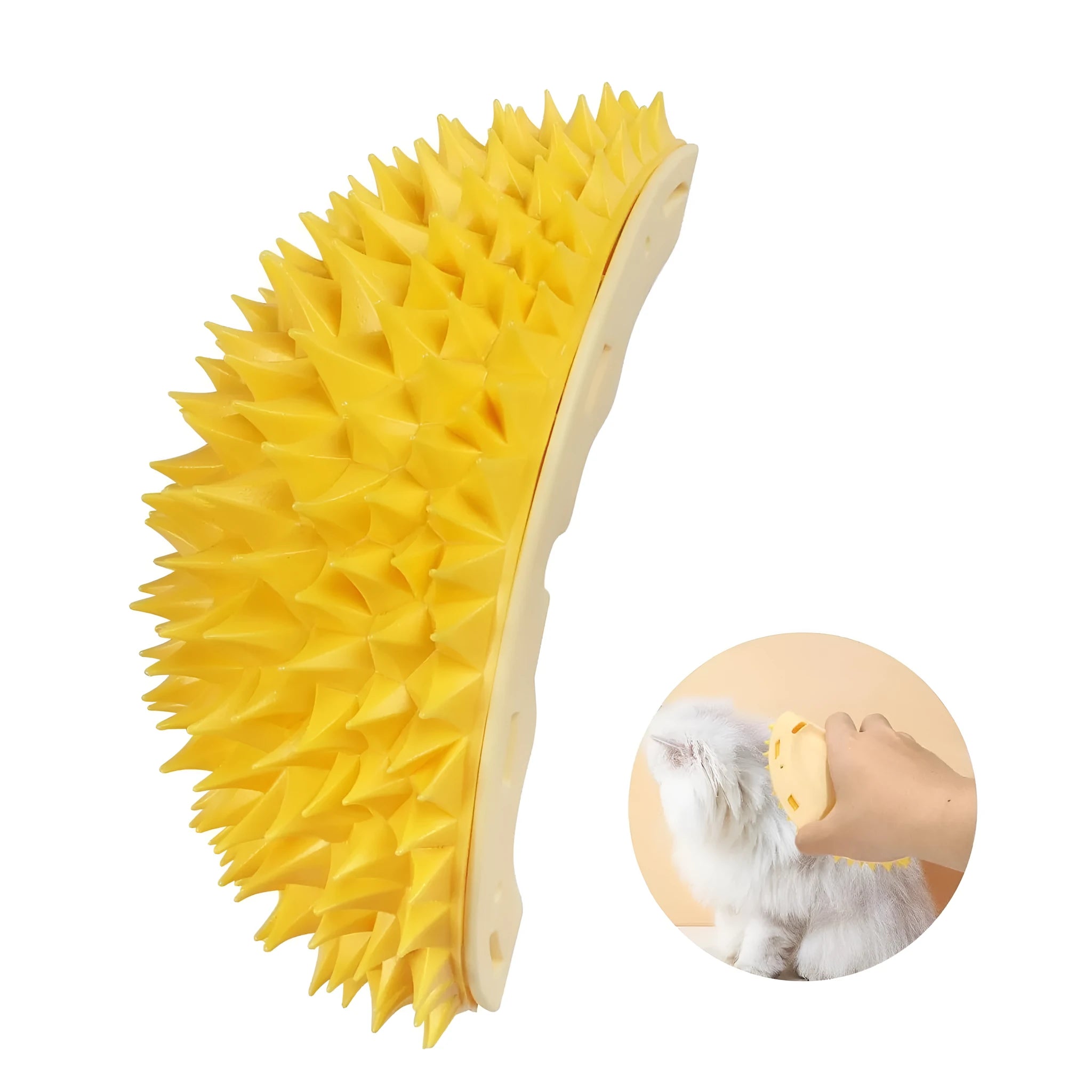 Yellow durian-shaped cat corner scratcher and massage comb toy for indoor cats.