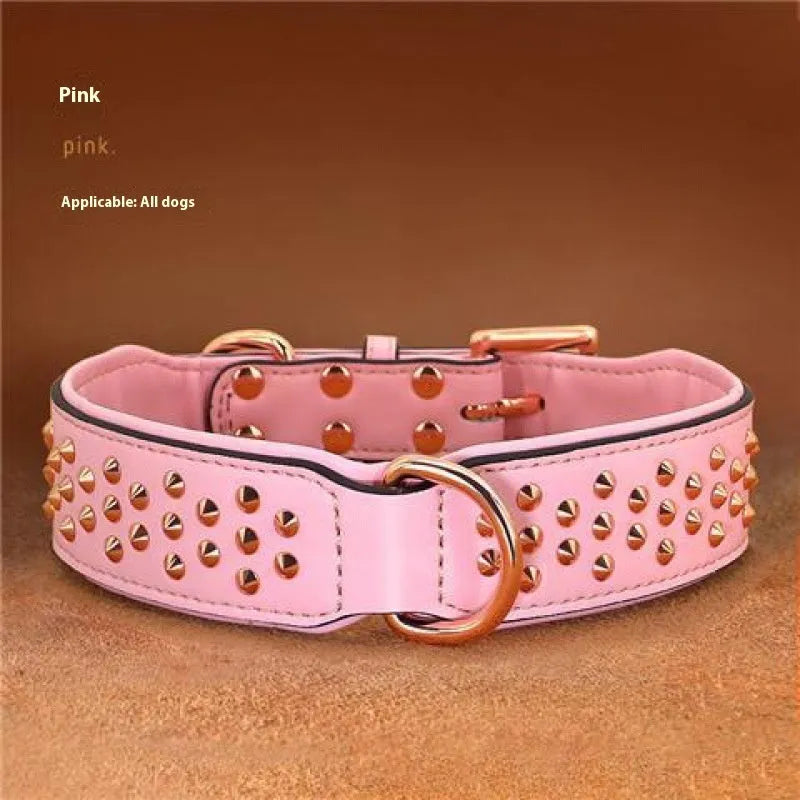 A brown leather dog collar with a row of shiny brass anti-bite rivets and a metal D-ring.