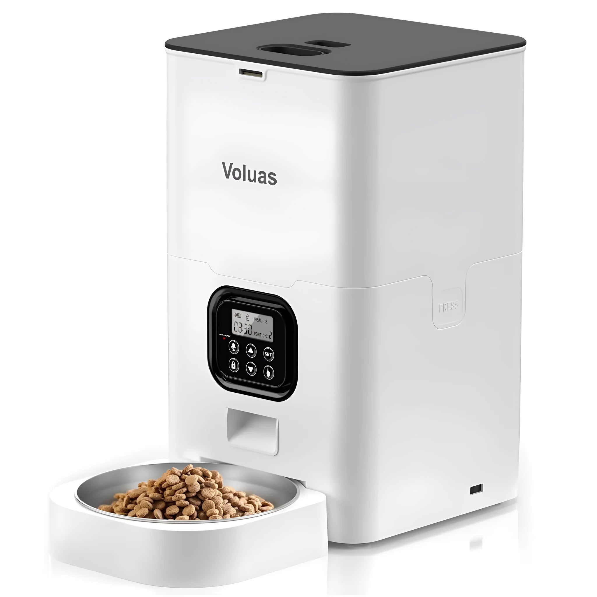 Household pet automatic double meal feeder with stainless steel plate and voice recorder, 4L capacity, black transparent finish
