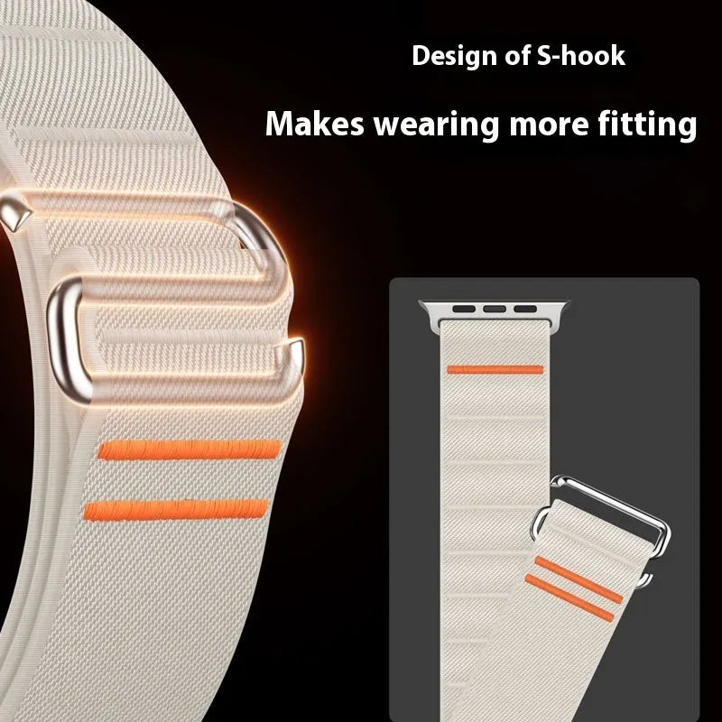 Elastic nylon Apple Watch band with stainless steel buckle shown in multiple colour options.