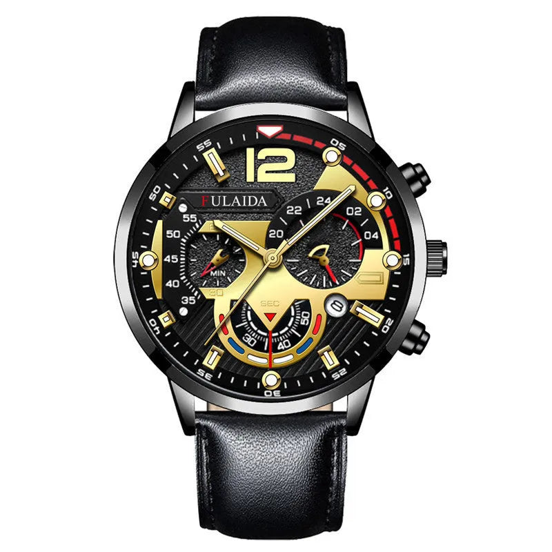 Men's casual quartz watch with calendar, genuine leather strap, rose gold buckle, 37mm dial