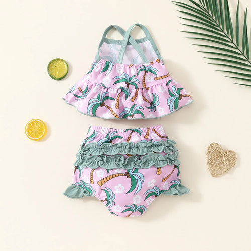 White girls' swimsuit set with shirt-style top and shorts for beach wear