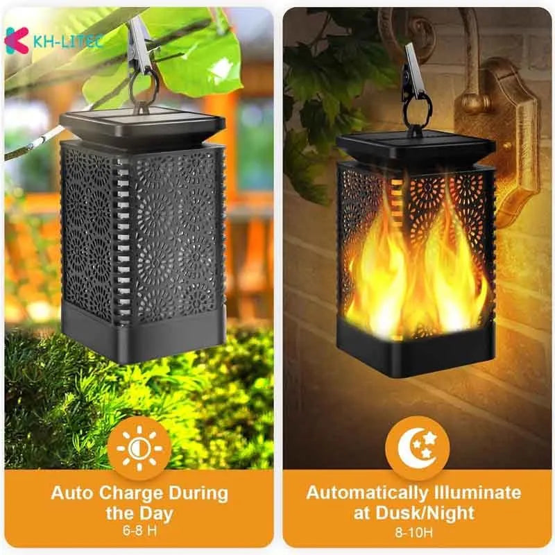 Black solar-powered hanging flame torch light for outdoor garden and patio decoration