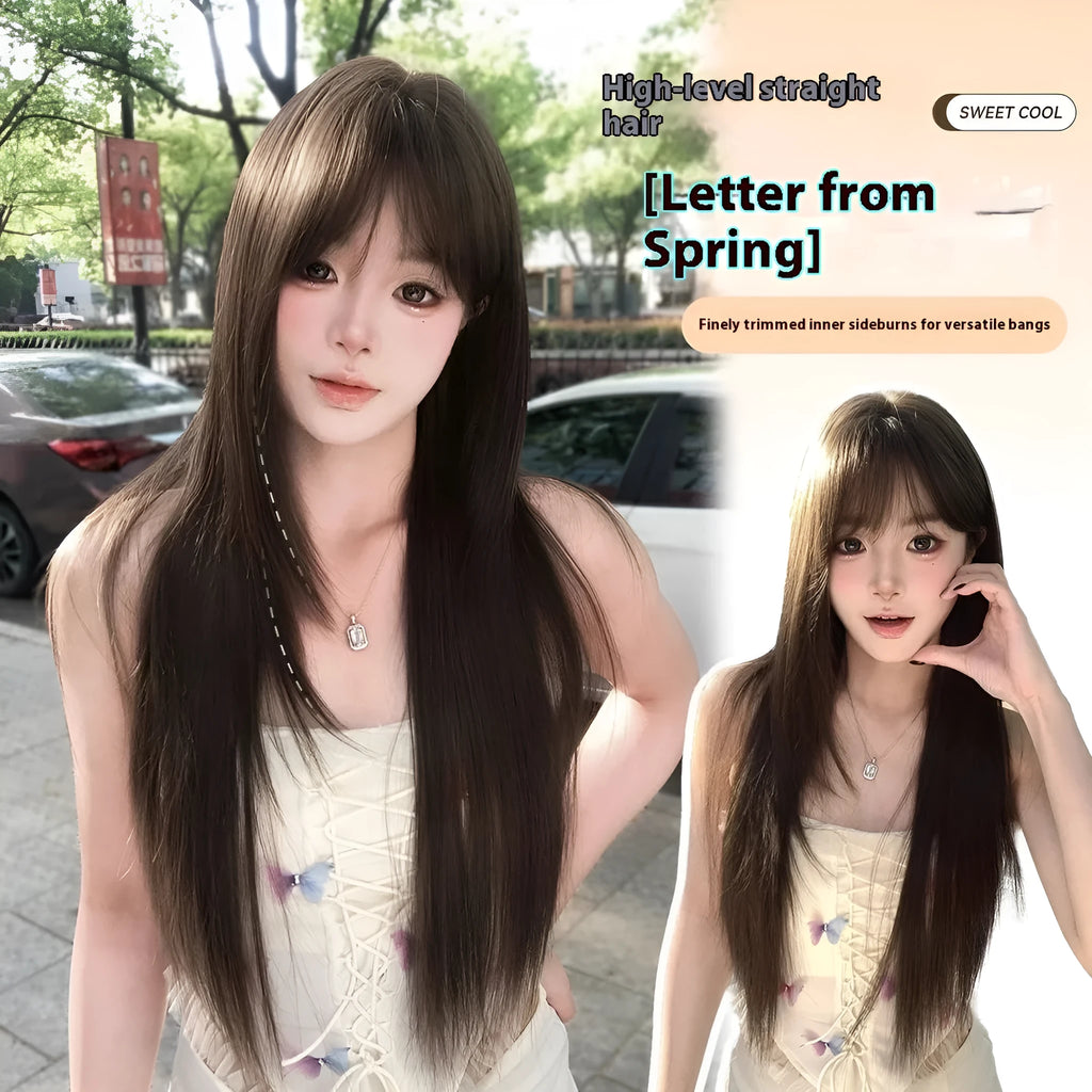Brown black ladies' synthetic wig with high-temperature fibre hair material and wear-free hair net
