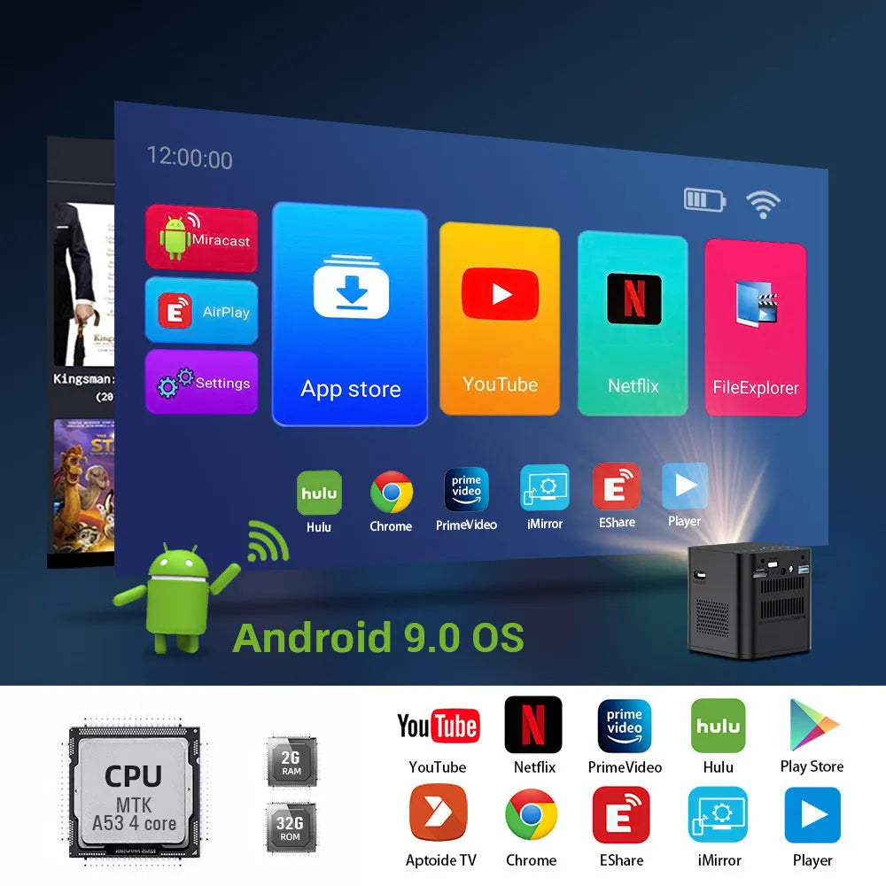 P19 mini DLP projector 82mm x 80mm x 80mm with Android 9.0, 7800mAh battery, and 30-200 inch screen