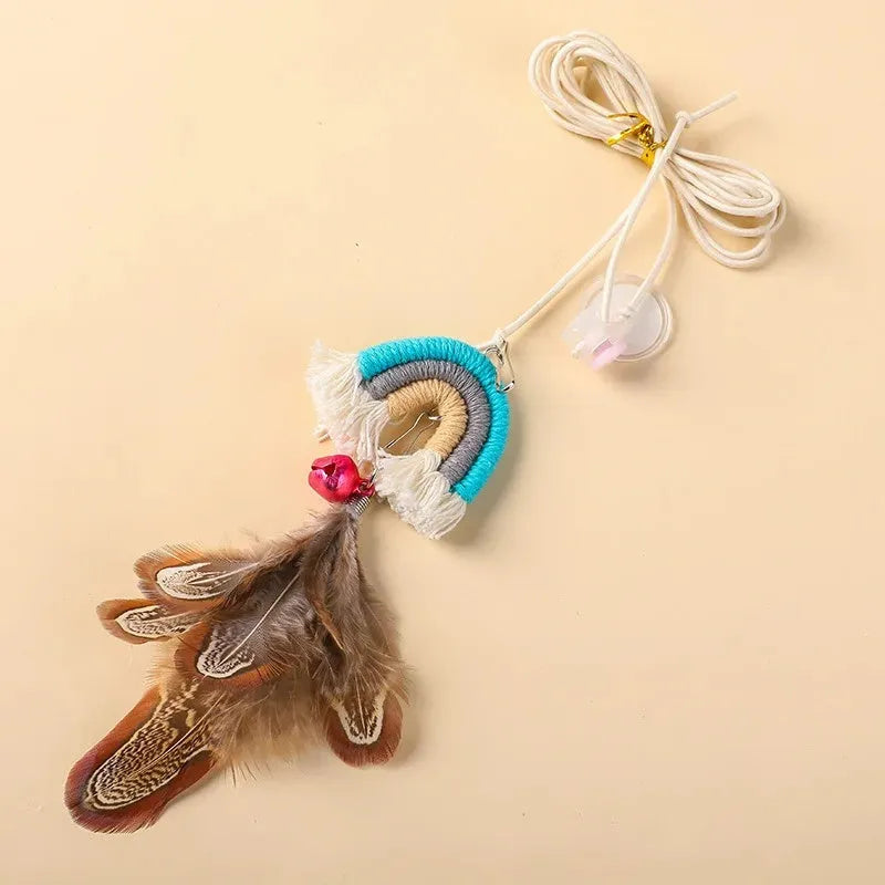 Feather cat rope door hanging toy with elastic swing and sticky buckle clamp in blue, green, or pink