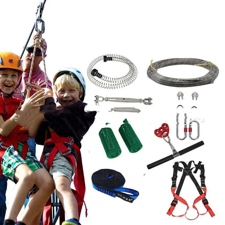 Children's outdoor pulley slide rope kit with 10m steel cable, alloy pulleys, and tree protection components