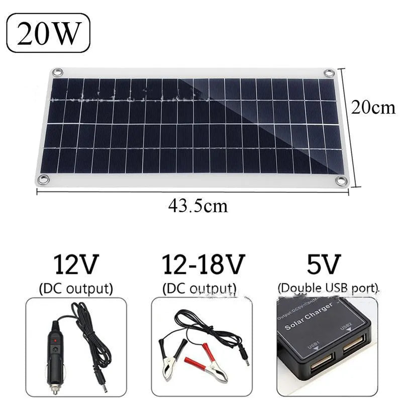 Portable polycrystalline silicon solar panel with dual USB charging ports for outdoor use.