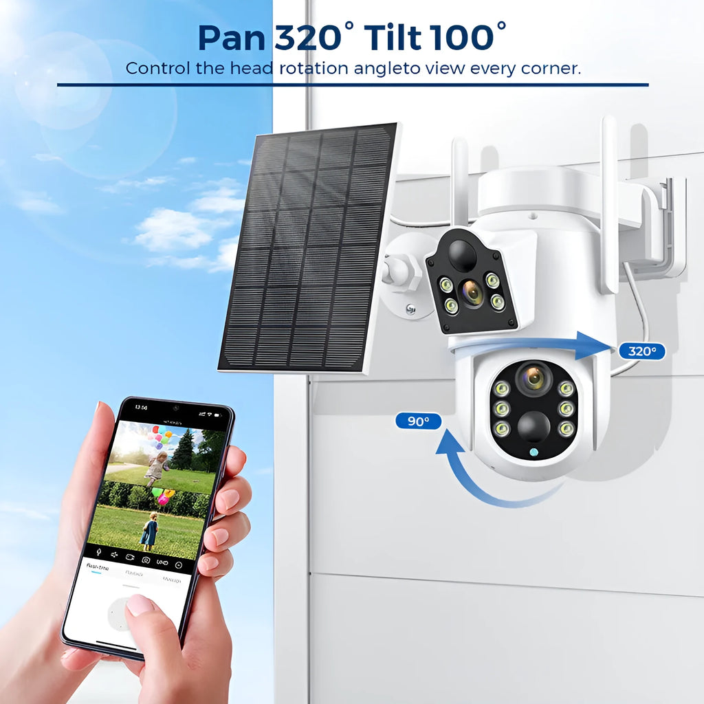 Outdoor solar-powered wireless wifi security camera with solar panel in black and white or white finish.