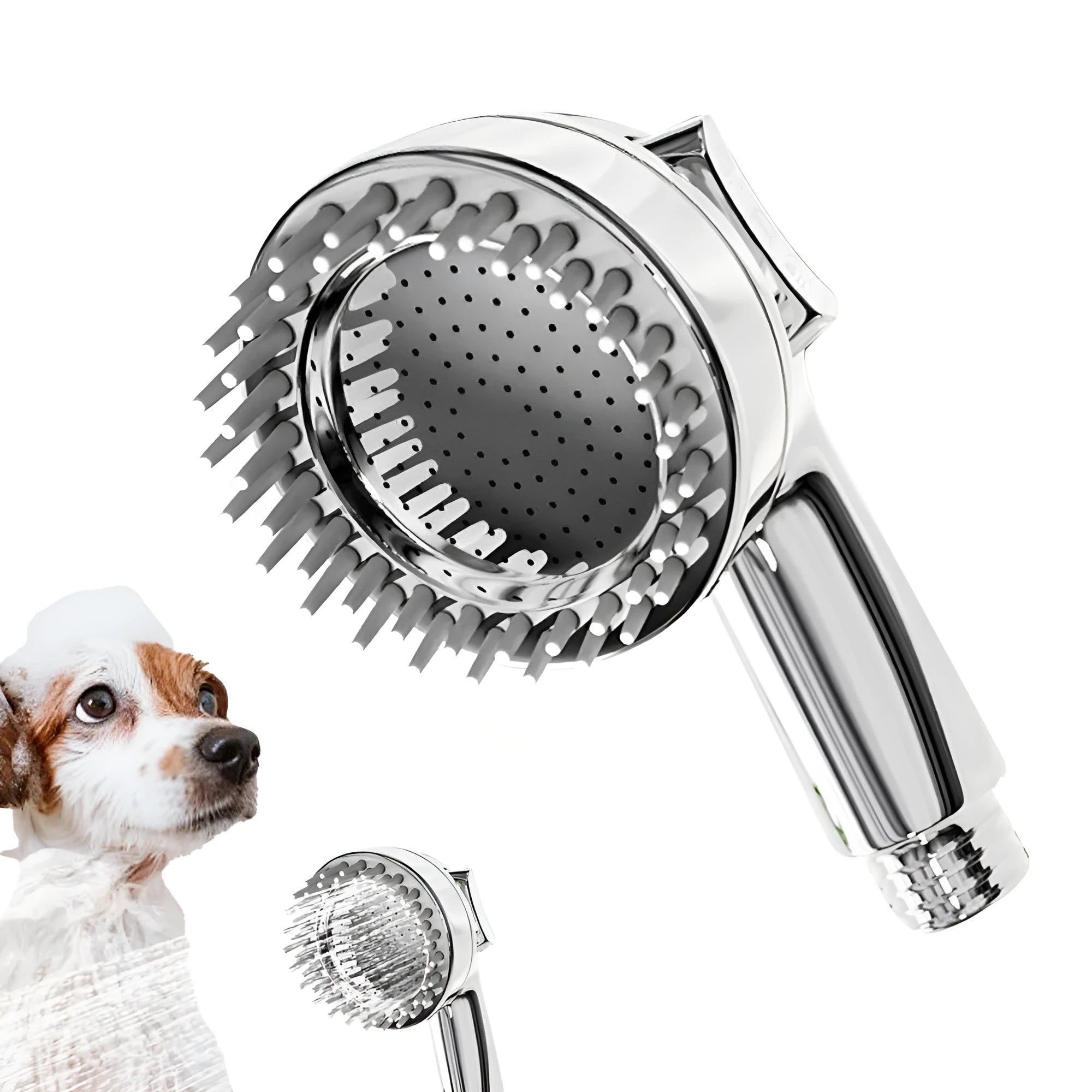 Silver coloured dog shower attachment with ergonomic grip and soft silicone comb teeth.