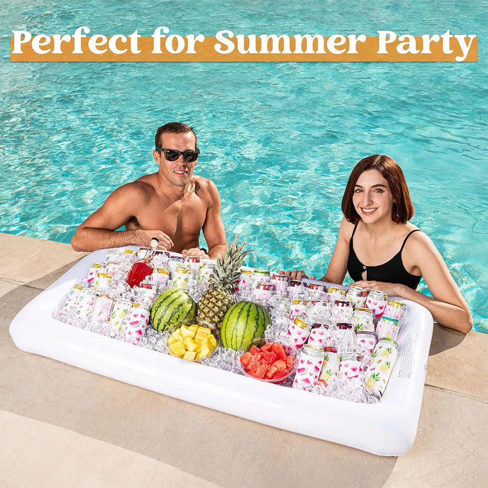 Inflatable PVC ice bar for parties shown in two sizes with optional silver grey cup holder and yellow ice bucket accessories.