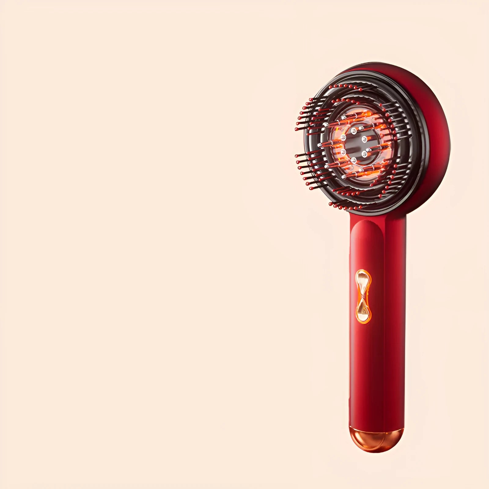 Black or red household massage hair comb with red and blue lights, showing Type-C charging port and plastic body