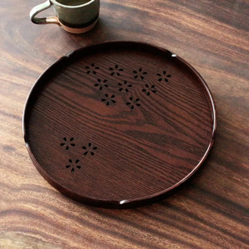Wooden round plate with hollow sakura cherry blossom pattern, shallow 2cm depth.