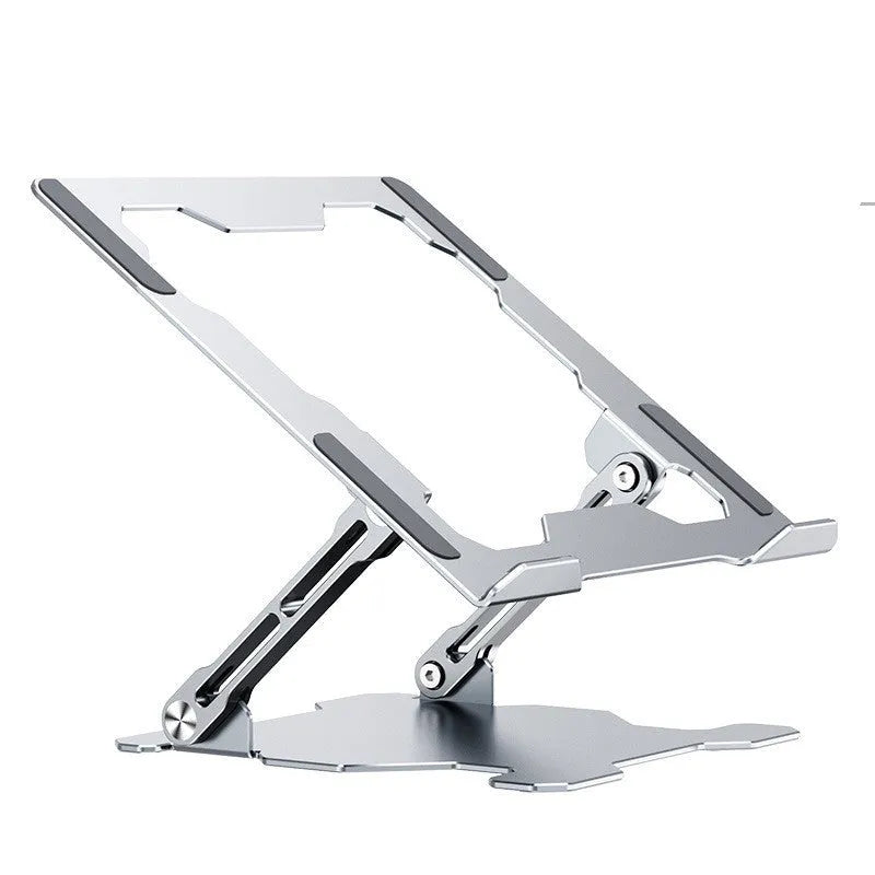 Grey adjustable aluminium laptop stand holding a silver laptop, shown in a folded and unfolded position.