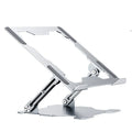 Grey adjustable aluminium laptop stand holding a silver laptop, shown in a folded and unfolded position.