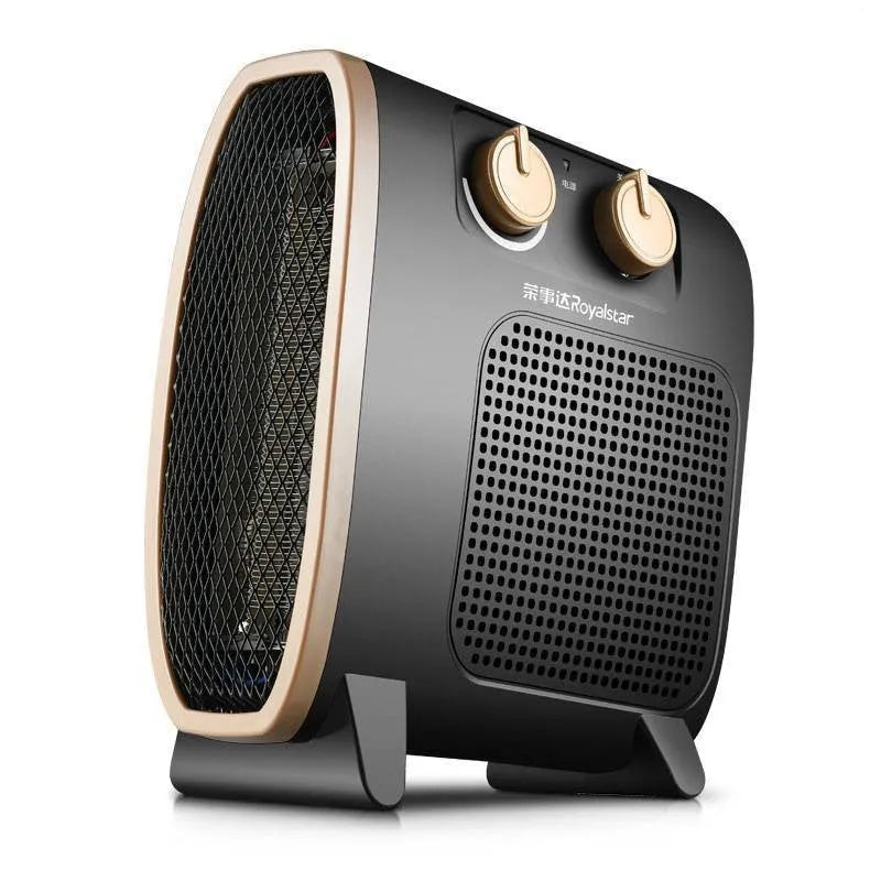 White and black gold portable electric ceramic fan heater with control dials on top.