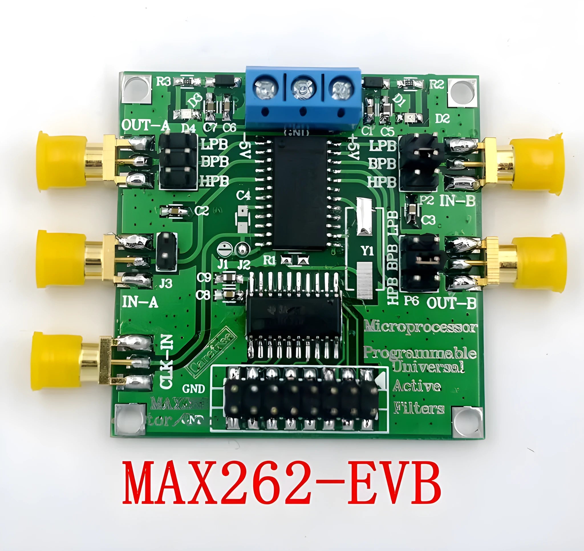 MAX262 active filter module programmable low pass high pass bandpass on green PCB with labelled pins and 50x50mm size