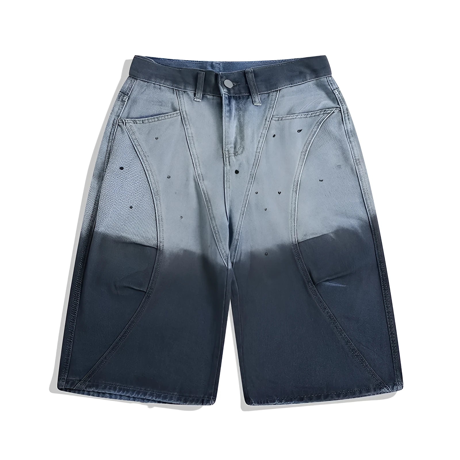 Blue tie-dye gradient washed-out cropped jeans with a loose fit and mid-waist, laid flat