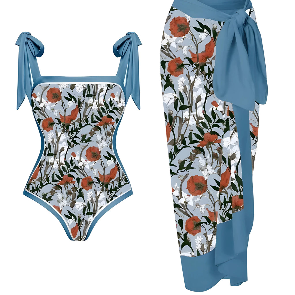 Women's printed floral chiffon swimsuit two-piece set with matching hip skirt