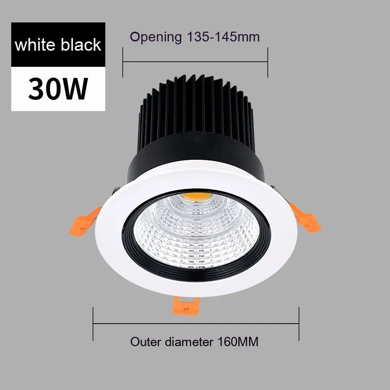 LED embedded ceiling spotlight with aluminium housing showing three colour temperature options and hole size measurements