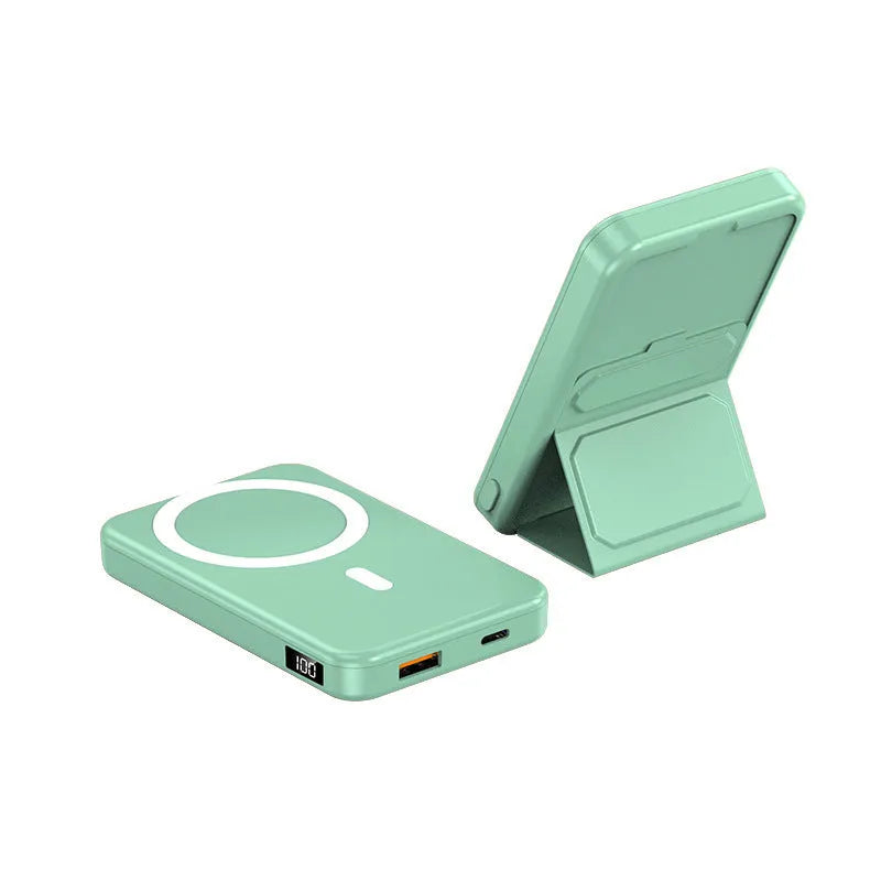 Magnetic wireless charging power bank with folding bracket showing capacity options and colour variations