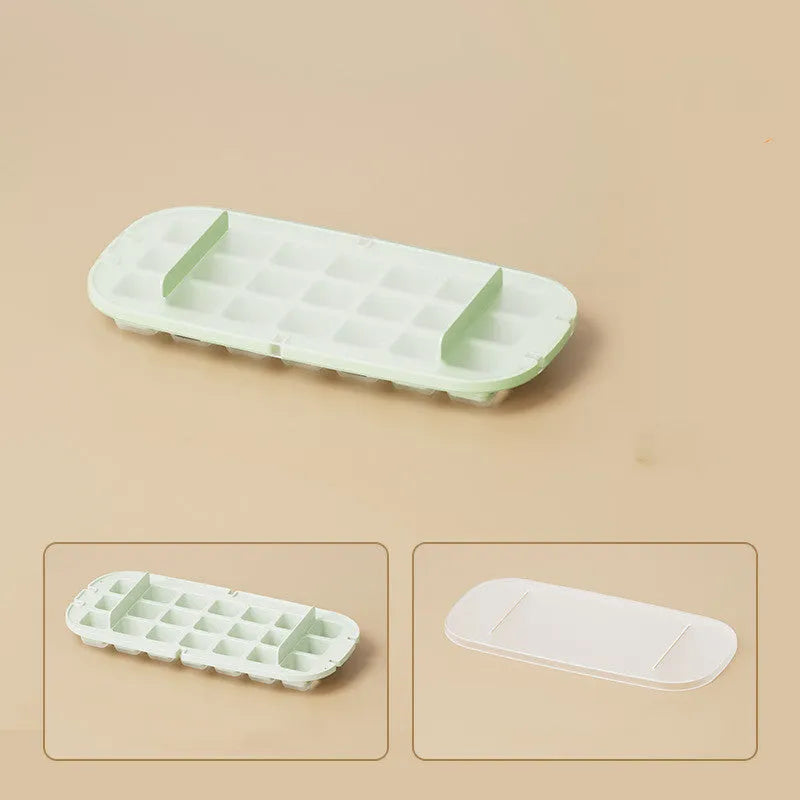 Food-grade high-capacity ice cube tray in blue with integrated storage for an ice shovel.