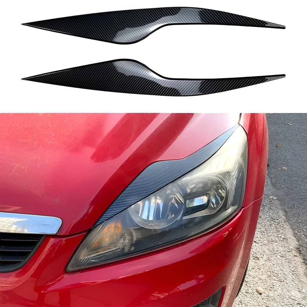 Ford Focus headlight eyebrow stickers in carbon fibre pattern or piano black ABS plastic