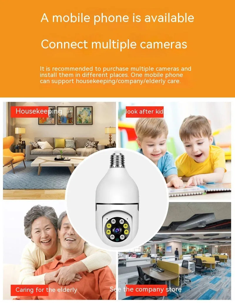 Wireless bulb security camera with full colour night vision and 1080p HD capture in plastic and metal housing