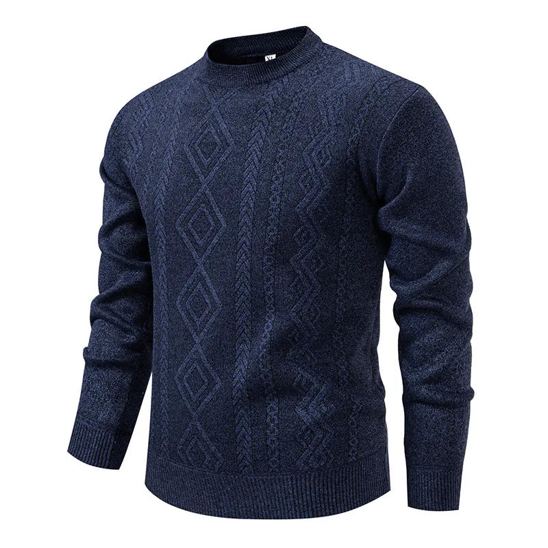 Men's loose knitted sweater in blue grey, round neck, long sleeve, ribbed hem, thickened polyester blend.