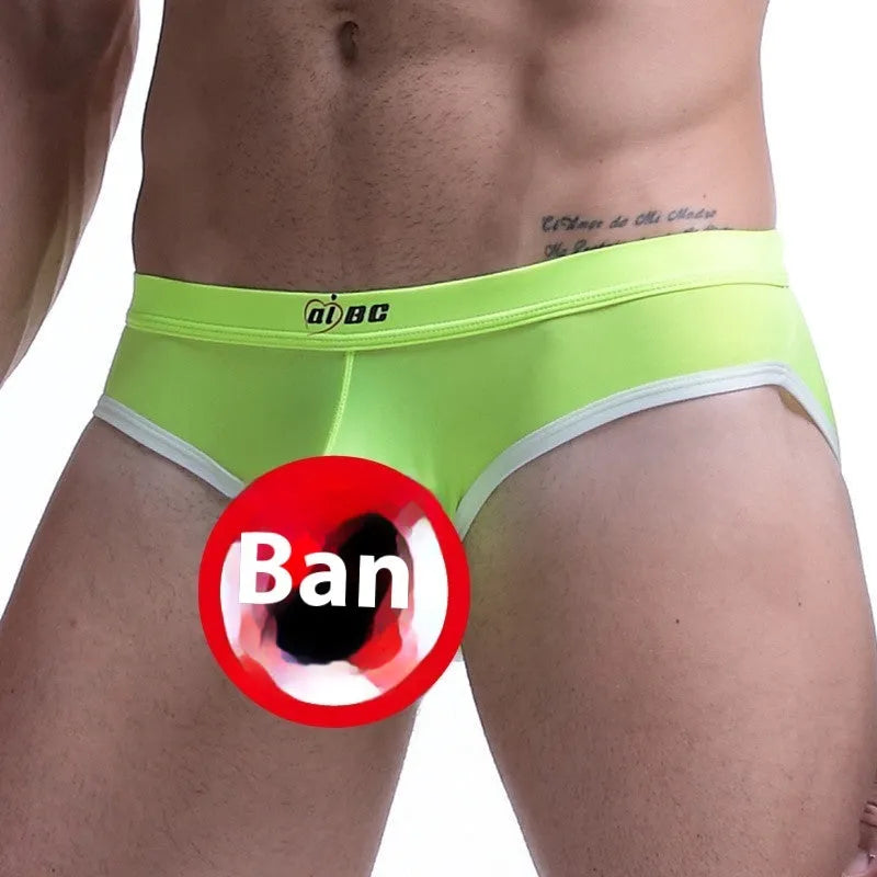 Men's ice silk bullet separation briefs in seven colours including army green, shown in mid-waist style.