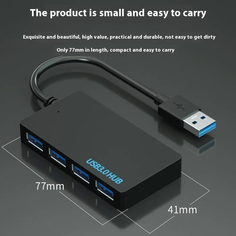 A white one-to-four-port USB hub with a 20cm cable, shown with USB-A and Type-C connector options.