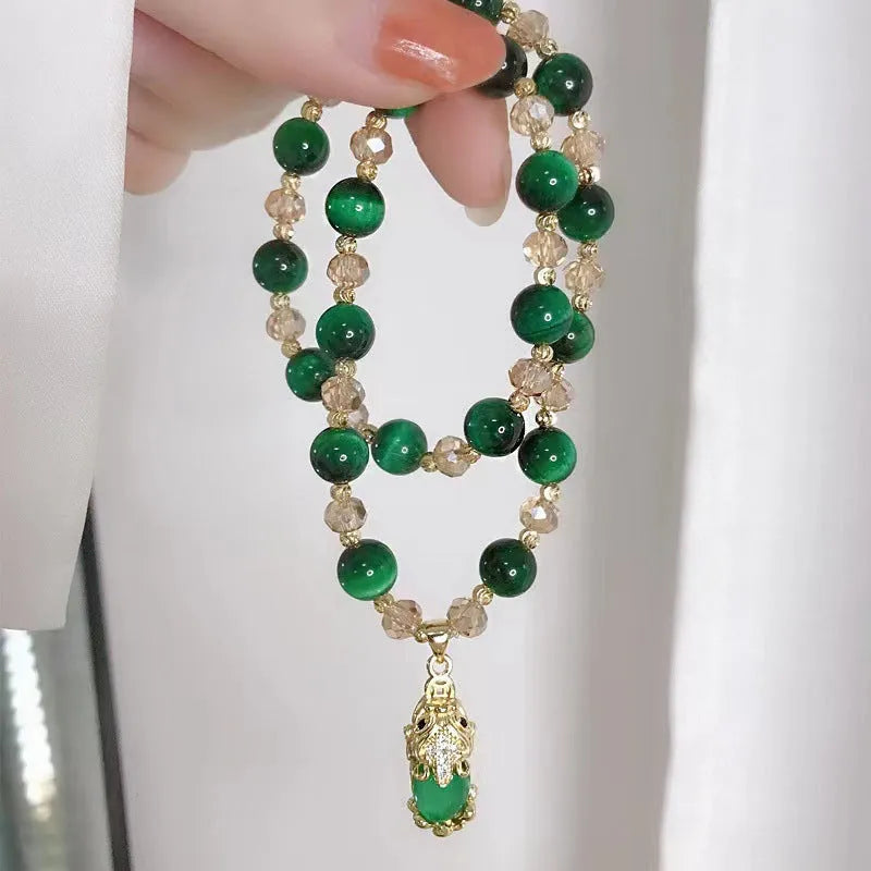 Natural Tigereye stone crystal bracelet with single or double chain in rose red or green with Fox or Pixiu motifs