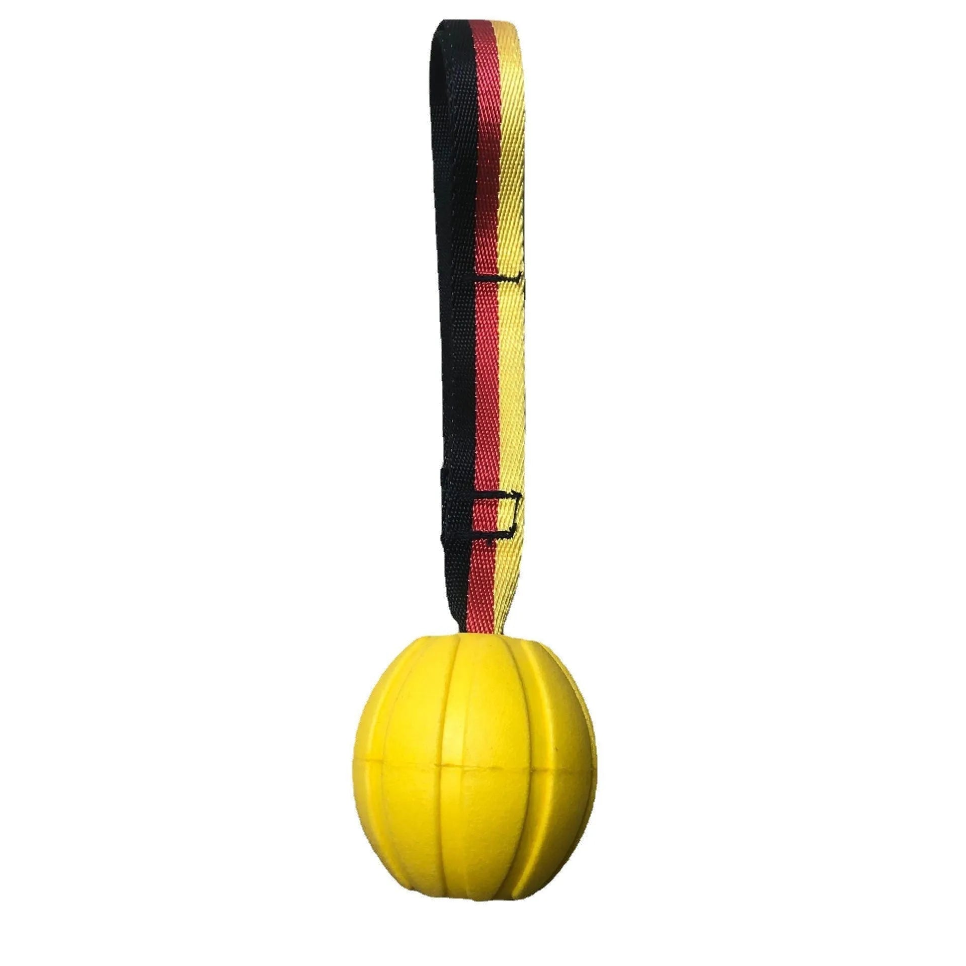 Yellow EVA floating tetherball for dog water training next to a camouflage-coloured ball.
