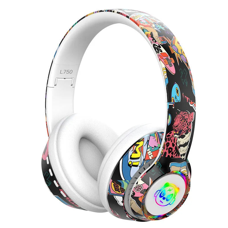 Graffiti wireless Bluetooth headset in black or white, showing head-mounted design.