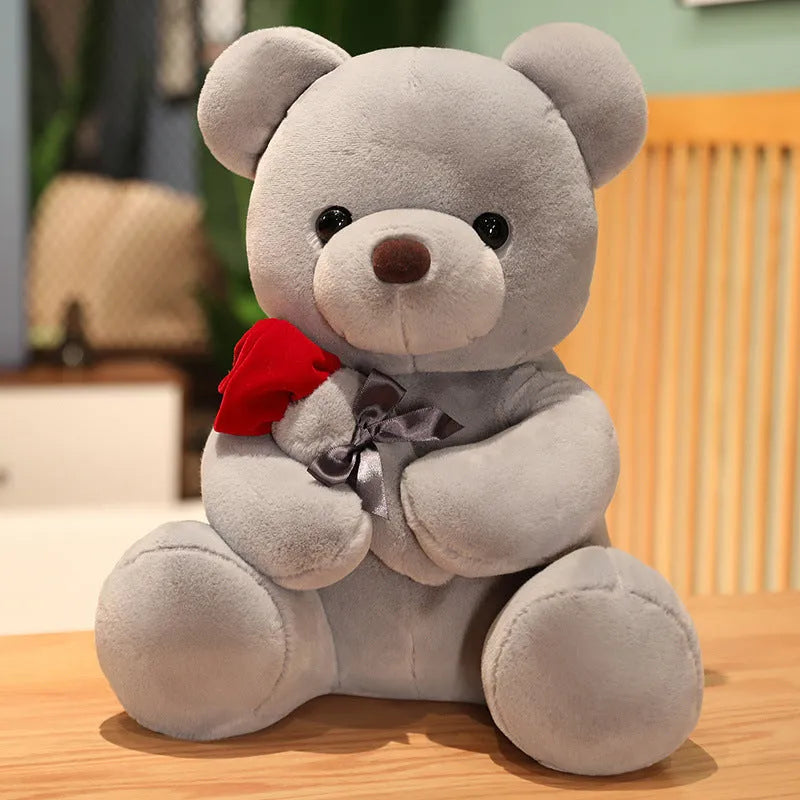 Soft plush teddy bear doll in beige, brown or grey with PP cotton filling, showing 23cm to 45cm size options